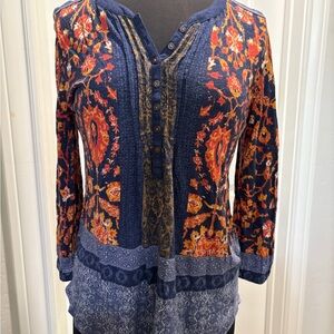 Lucky Brand Navy and Orange Patterned Blouse